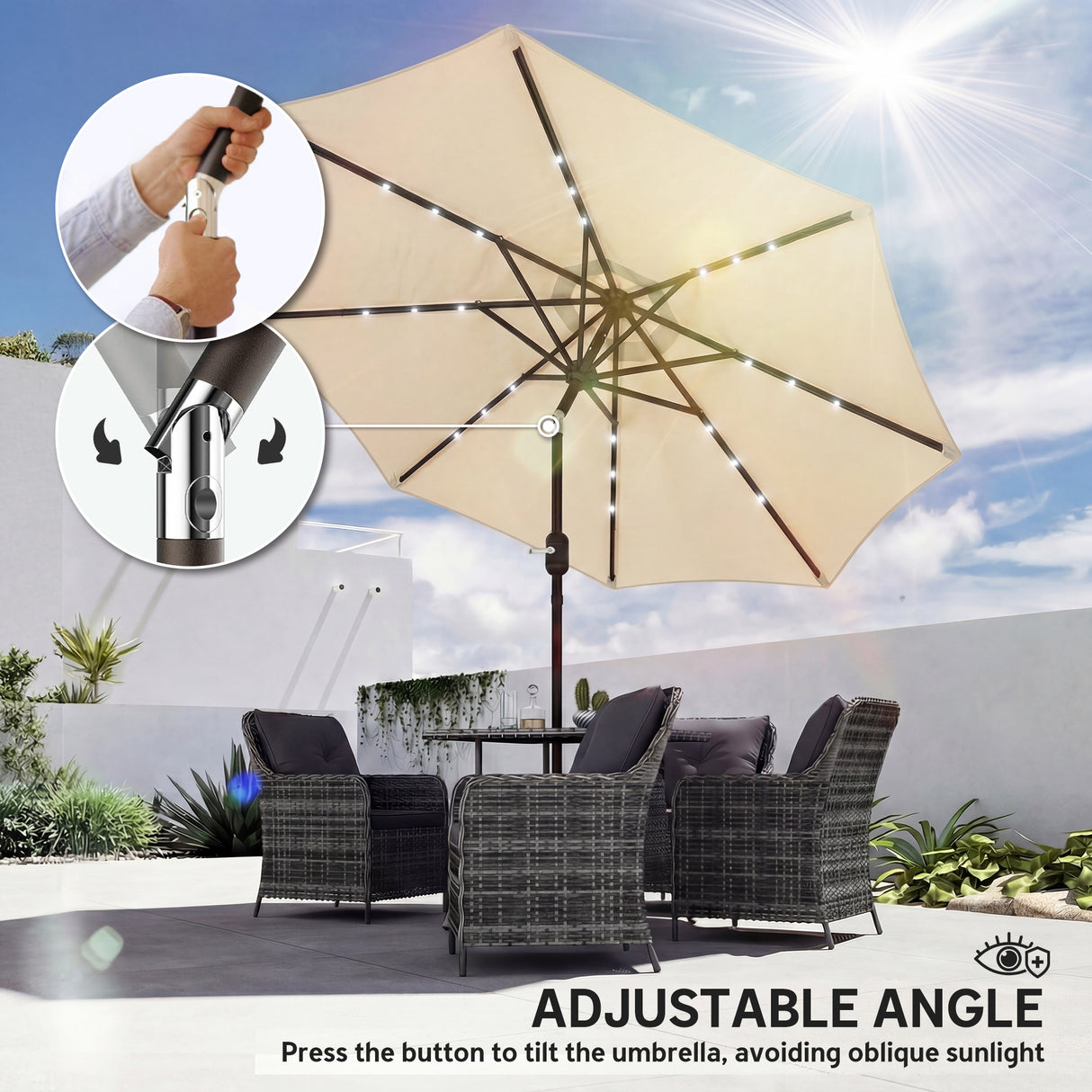 Polyester Tilting Parasol Umbrella With LED Solar Light 263cm Diameter - Velmora