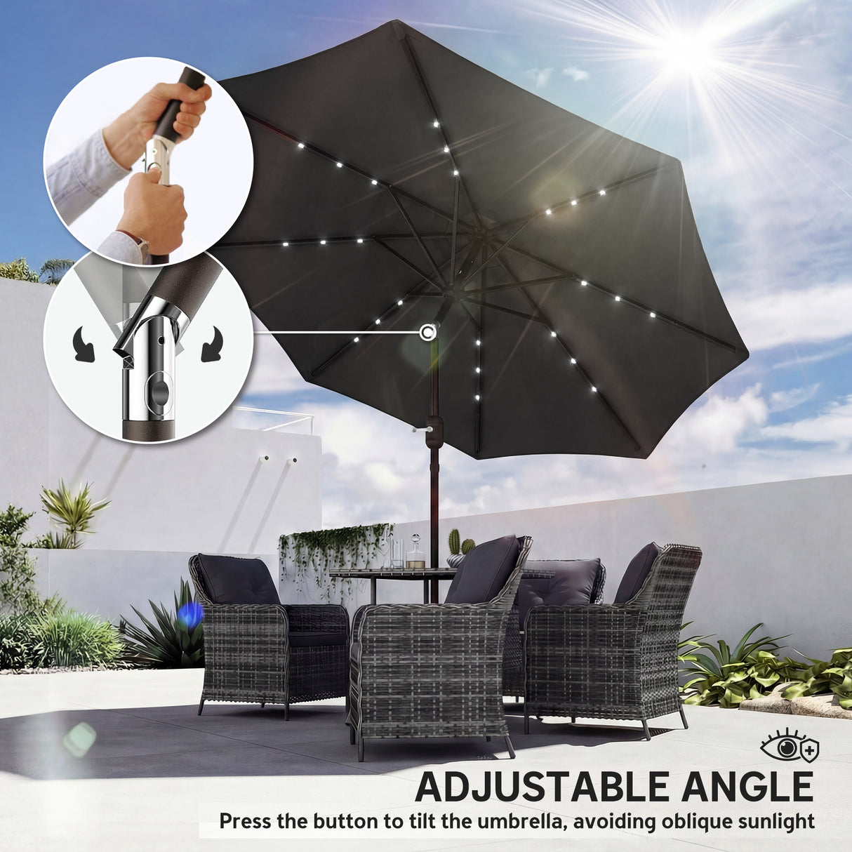 Polyester Tilting Parasol Umbrella With LED Solar Light 263cm Diameter - Velmora