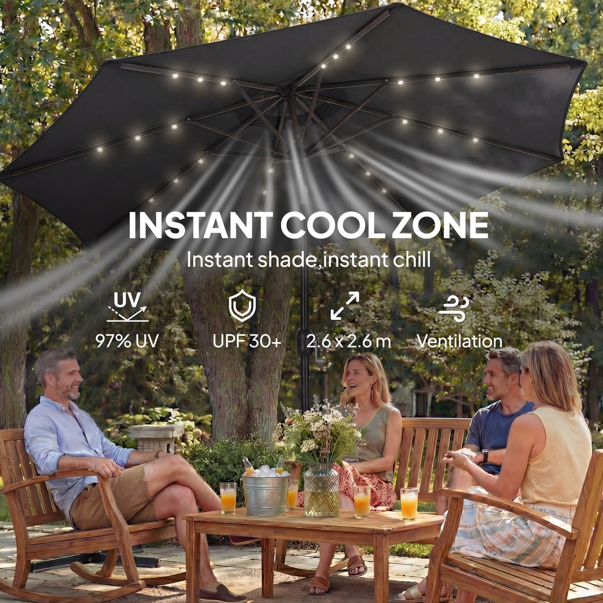 Polyester Tilting Parasol Umbrella With LED Solar Light 263cm Diameter - Velmora