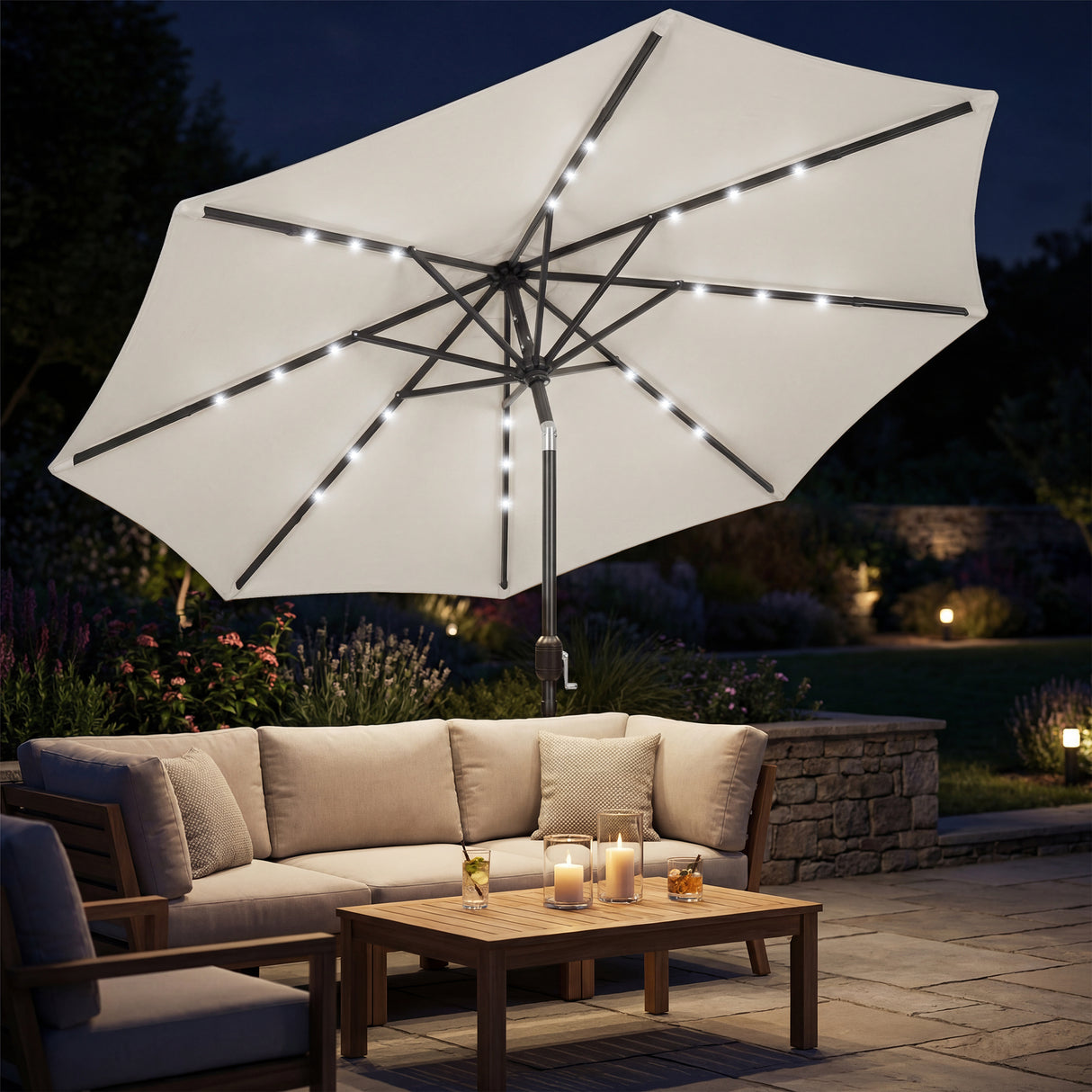 Polyester Tilting Parasol Umbrella With LED Solar Light 263cm Diameter - Velmora