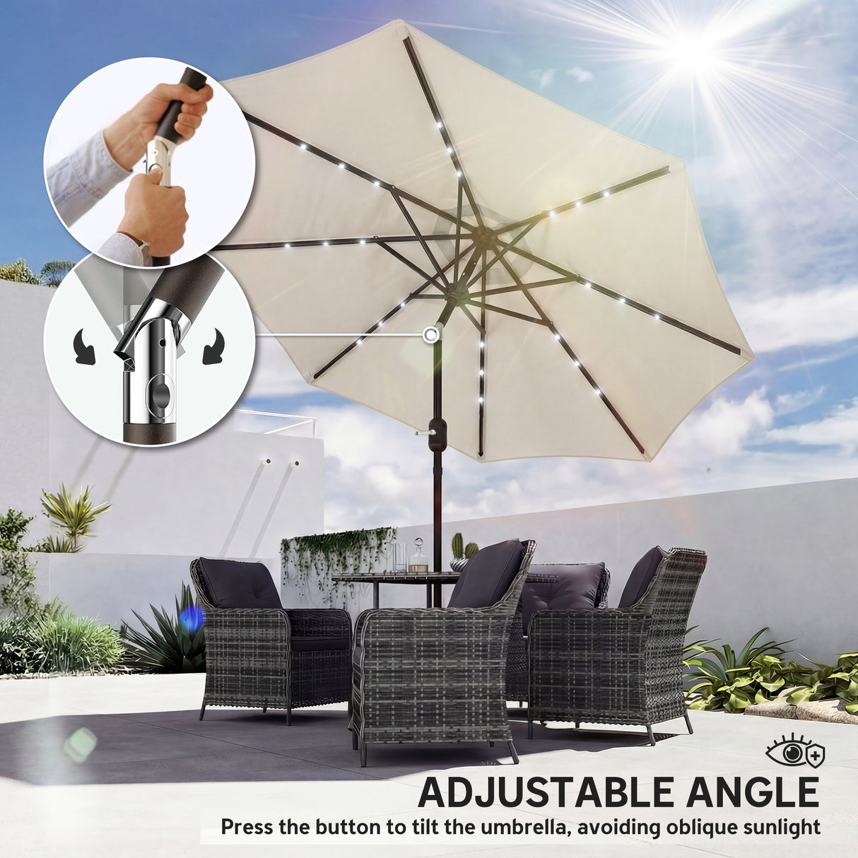 Polyester Tilting Parasol Umbrella With LED Solar Light 263cm Diameter - Velmora