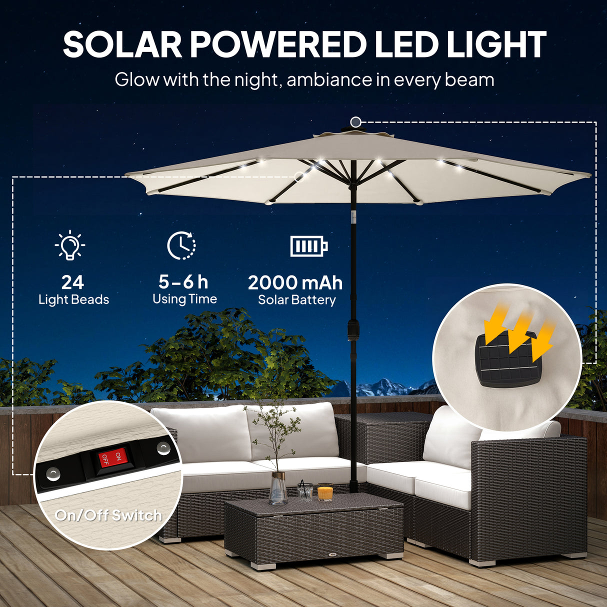 Polyester Tilting Parasol Umbrella With LED Solar Light 263cm Diameter - Velmora