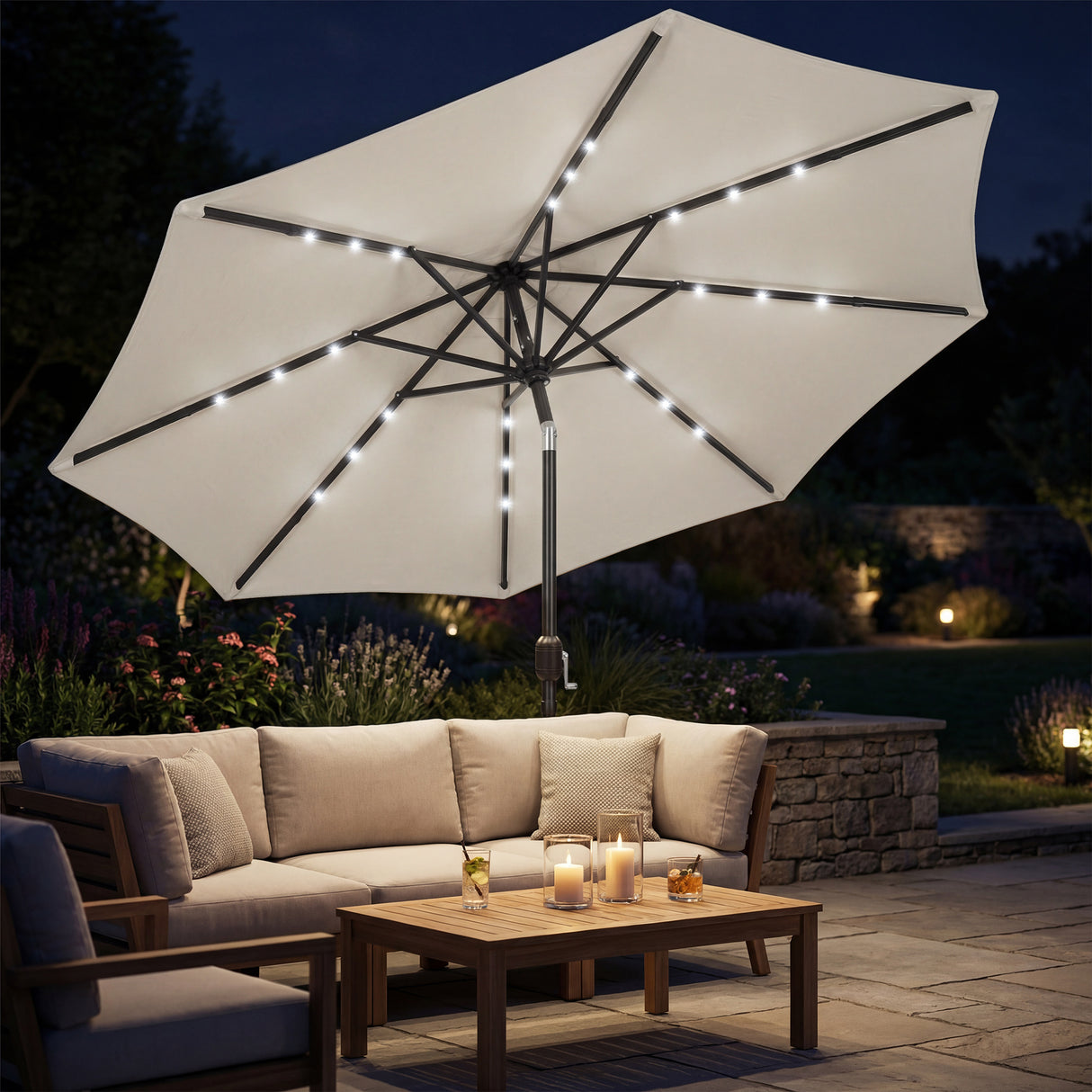 Polyester Tilting Parasol Umbrella With LED Solar Light 263cm Diameter - Velmora