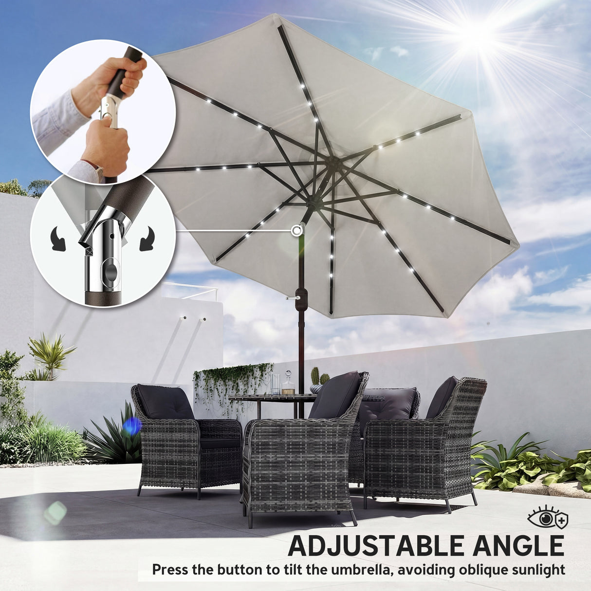 Polyester Tilting Parasol Umbrella With LED Solar Light 263cm Diameter - Velmora