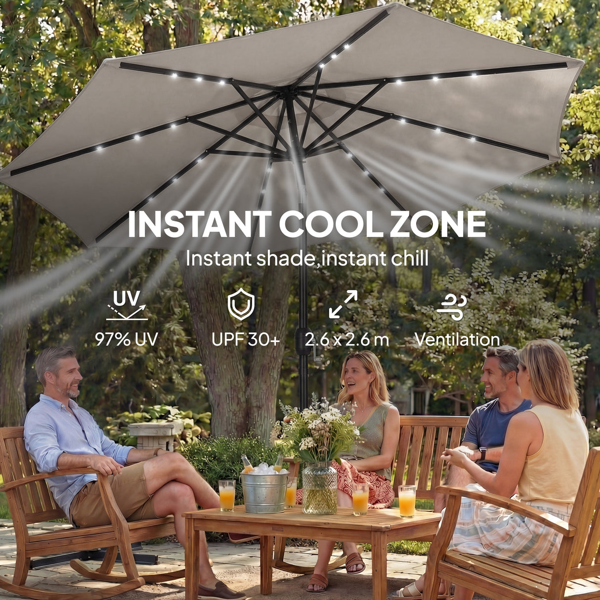 Polyester Tilting Parasol Umbrella With LED Solar Light 263cm Diameter - Velmora