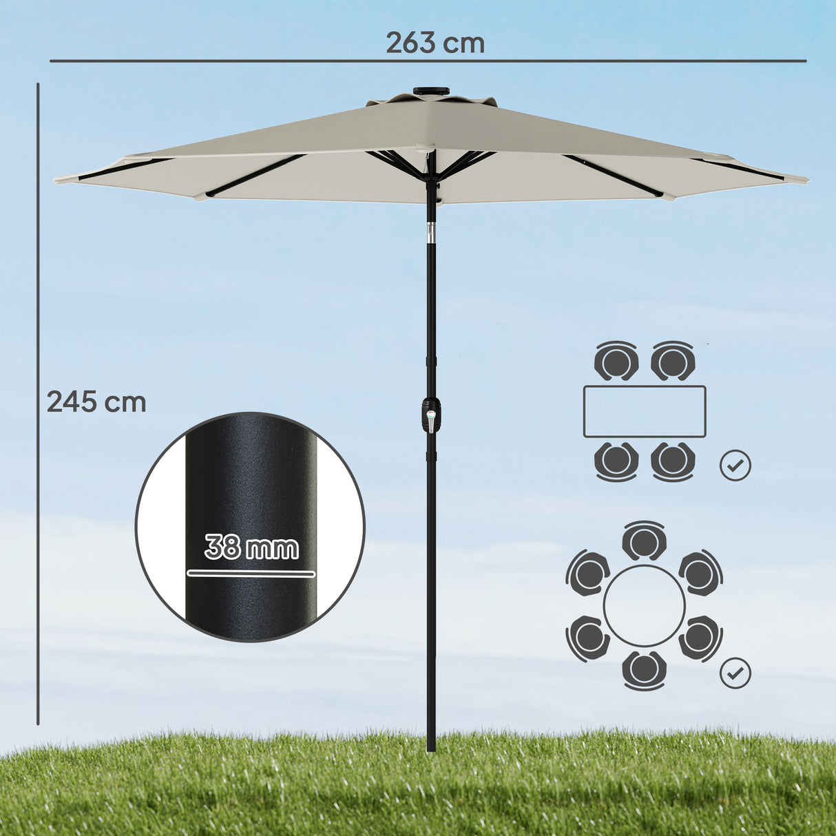 Polyester Tilting Parasol Umbrella With LED Solar Light 263cm Diameter - Velmora