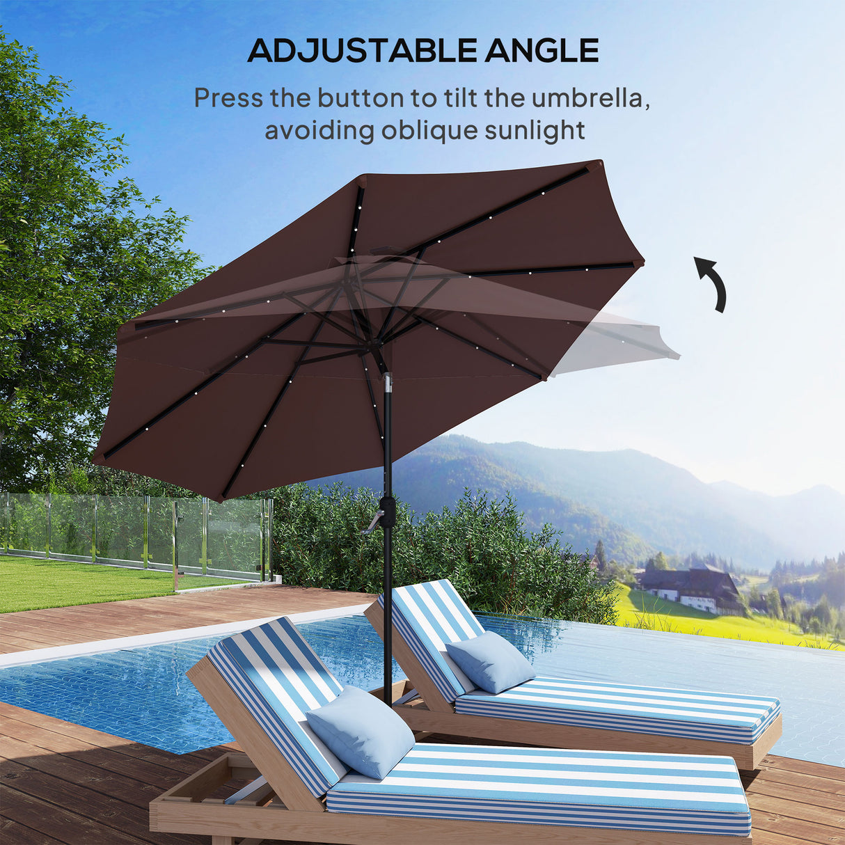 Polyester Tilting Parasol Umbrella With LED Solar Light 269cm Diameter - Velmora