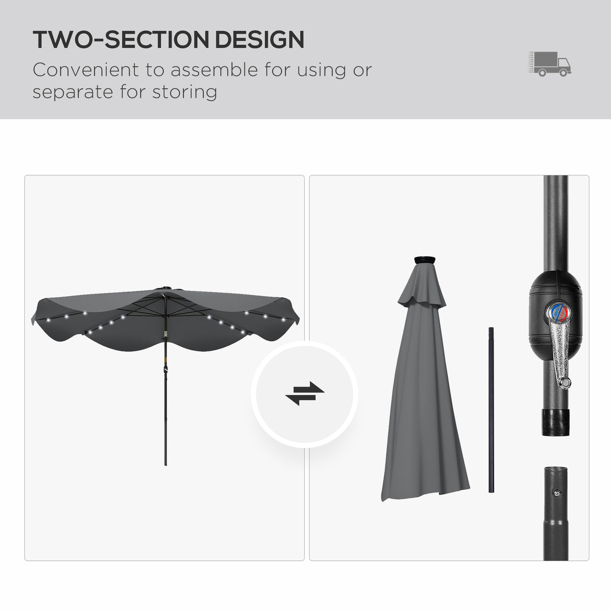 Polyester Tilting Parasol Umbrella With LED Solar Light 292cm Diameter - Velmora