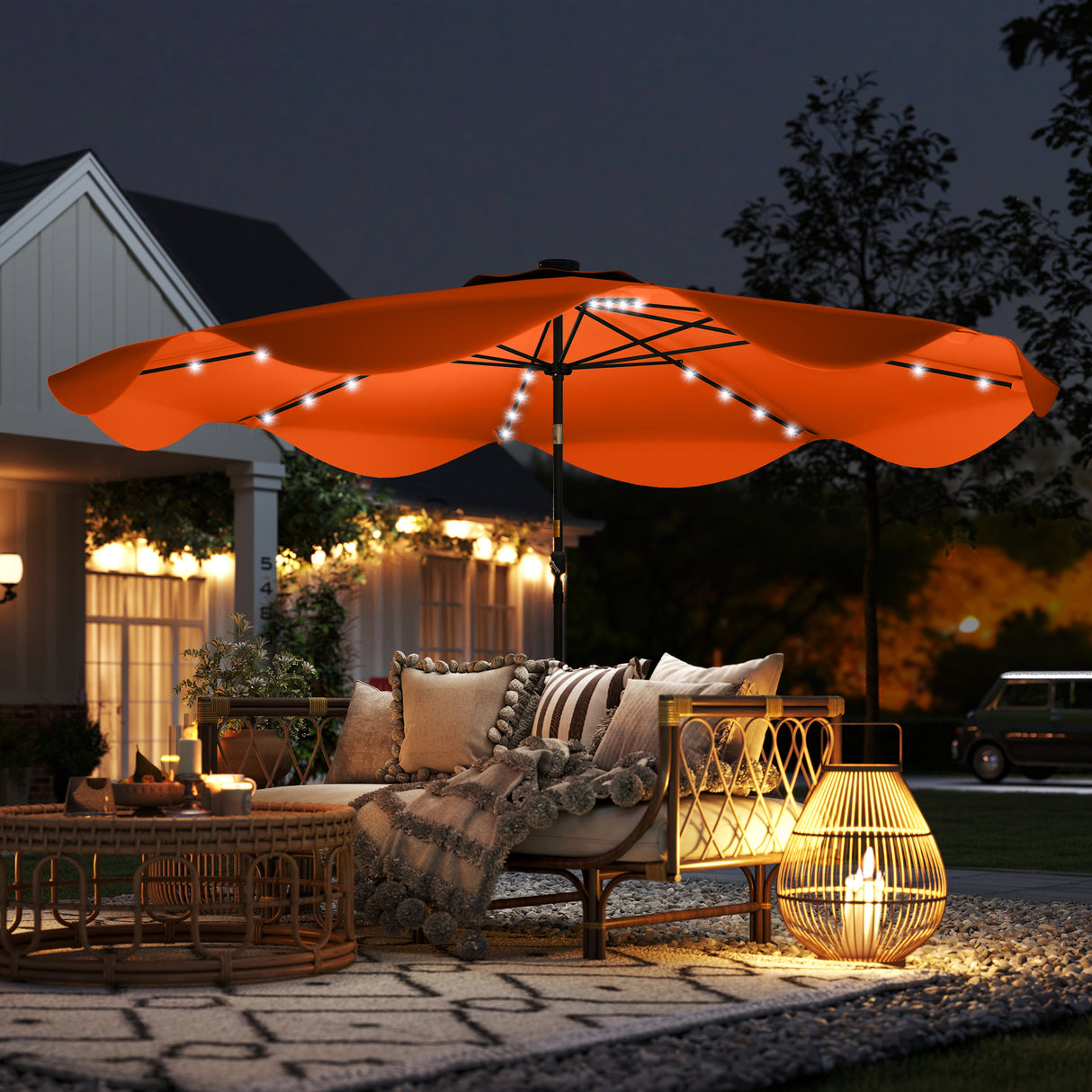 Polyester Tilting Parasol Umbrella With LED Solar Light 292cm Diameter - Velmora