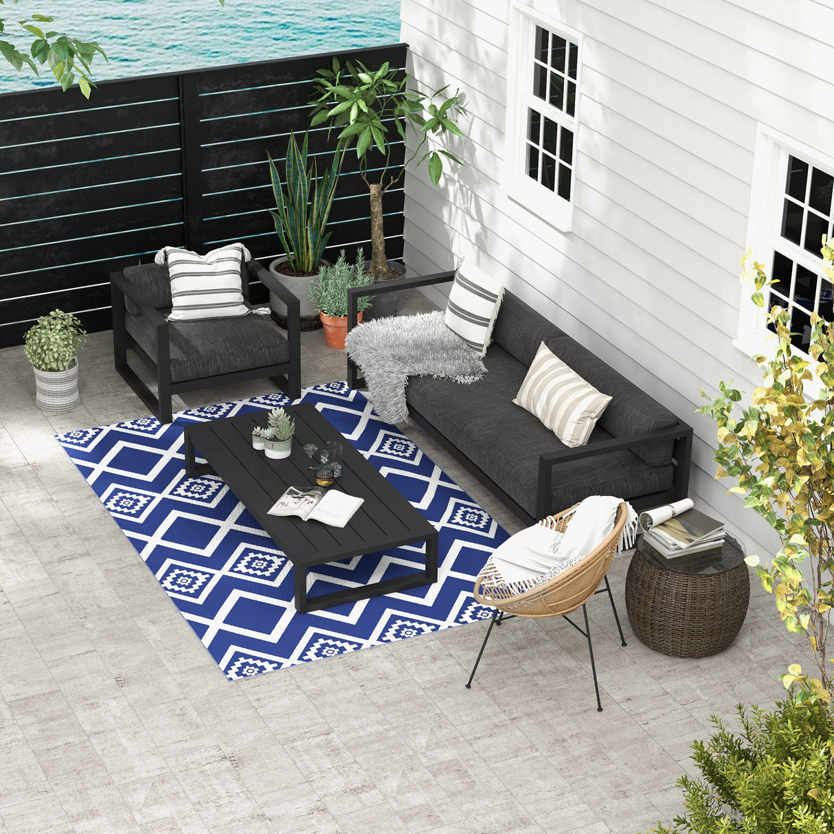 Polypropylene Outdoor Reversible Plastic Straw Rug 274cm Wide With Carry Bag - Velmora