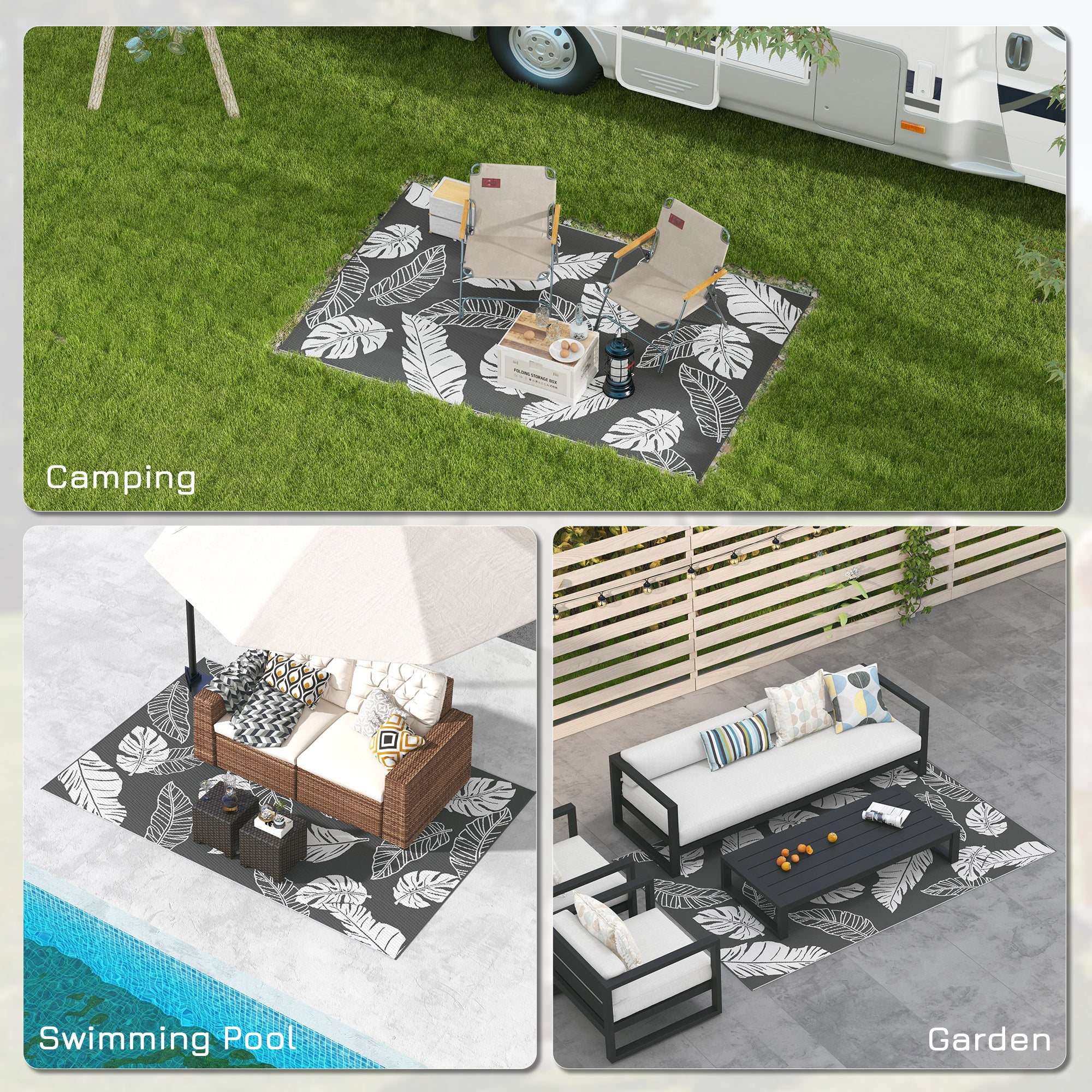 Polypropylene RV Outdoor Reversible Plastic Straw Rug 274cm Wide With Carry Bag - Velmora