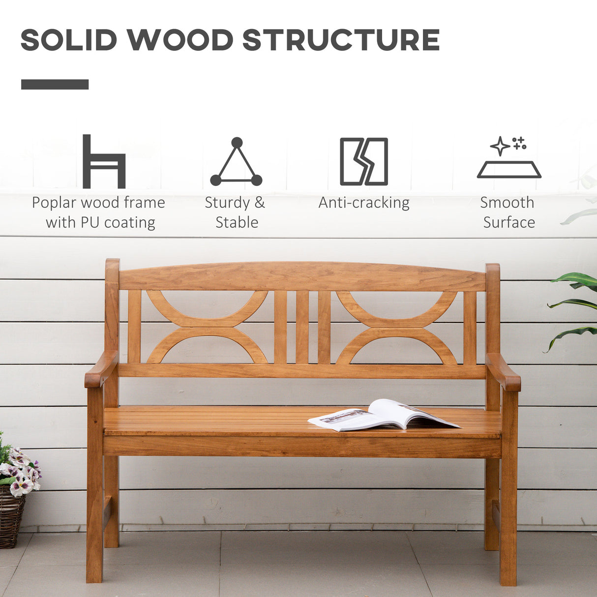 Poplar Wood 2 Seater Wooden Garden Bench Loveseat for Yard - Velmora