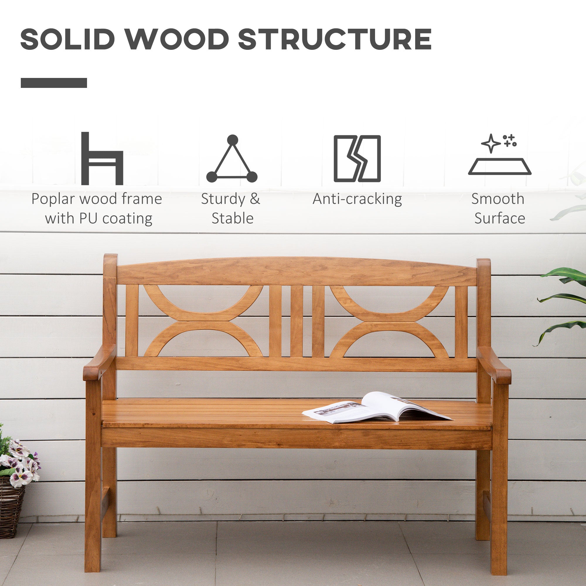 Poplar Wood 2 Seater Wooden Garden Bench Loveseat for Yard - Velmora