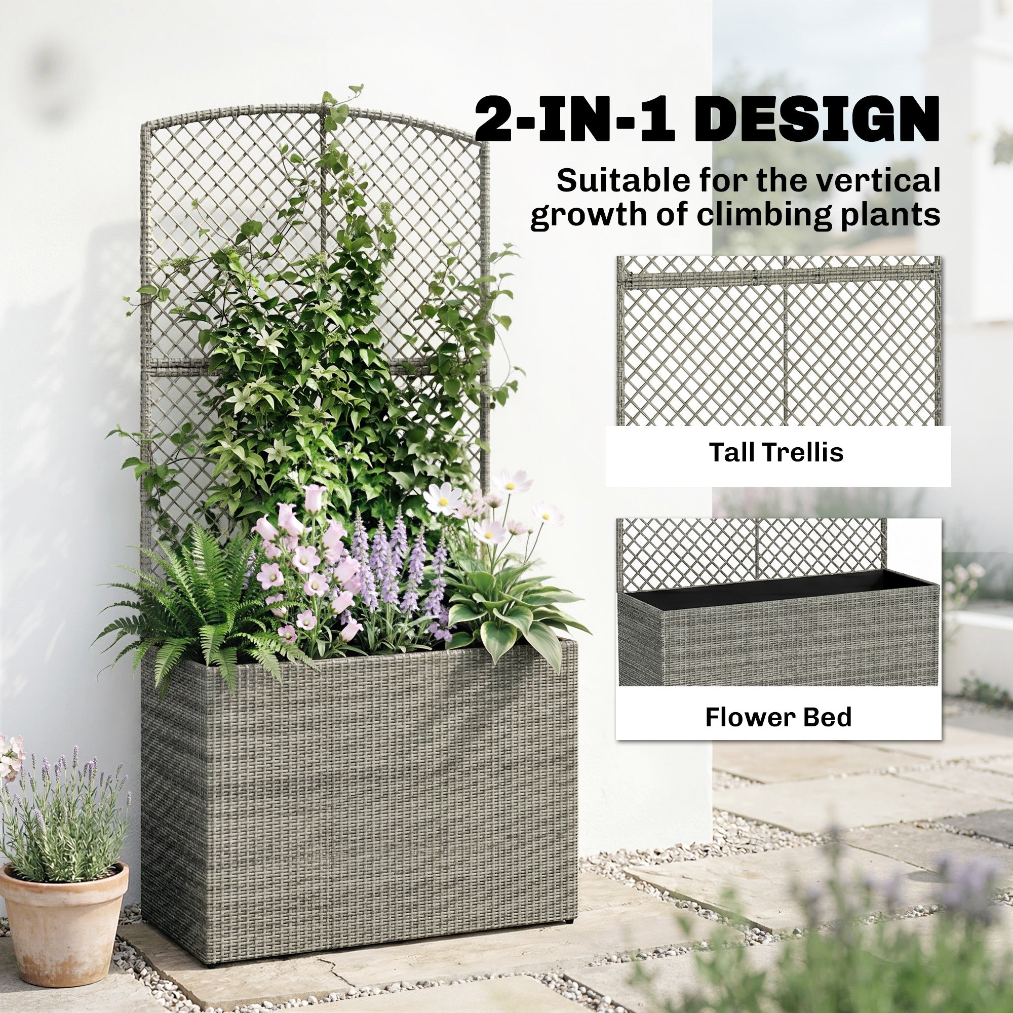 Rattan Outdoor Garden Planter With Trellis 80cm Wide - Velmora
