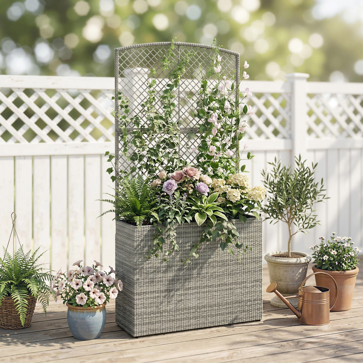 Rattan Outdoor Garden Planter With Trellis 80cm Wide - Velmora