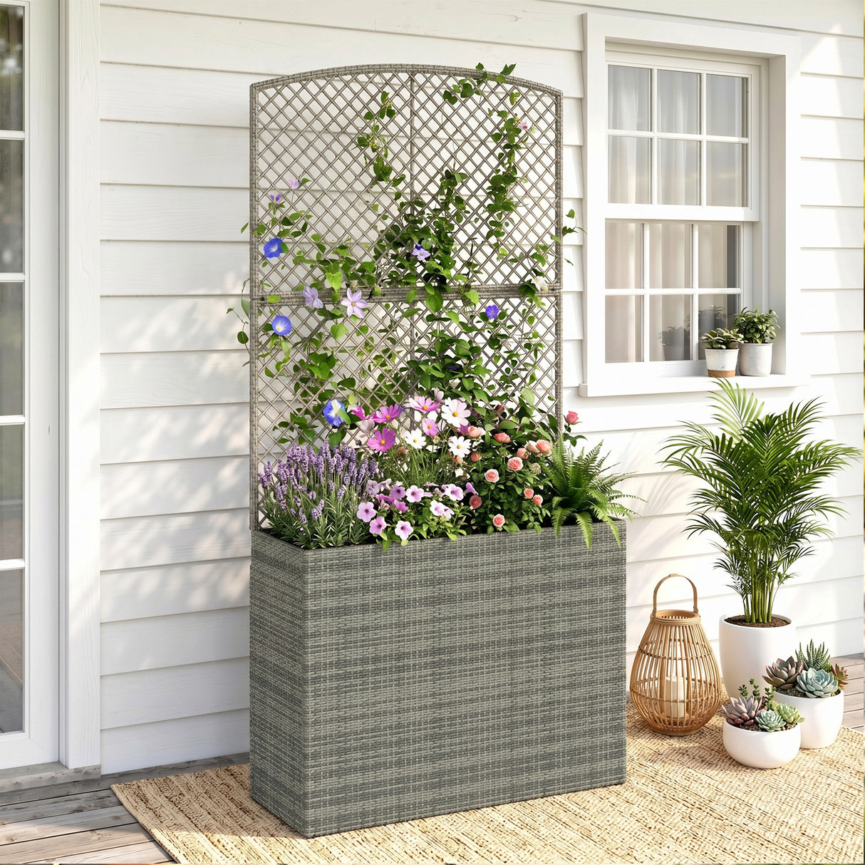 Rattan Outdoor Garden Planter With Trellis 80cm Wide - Velmora