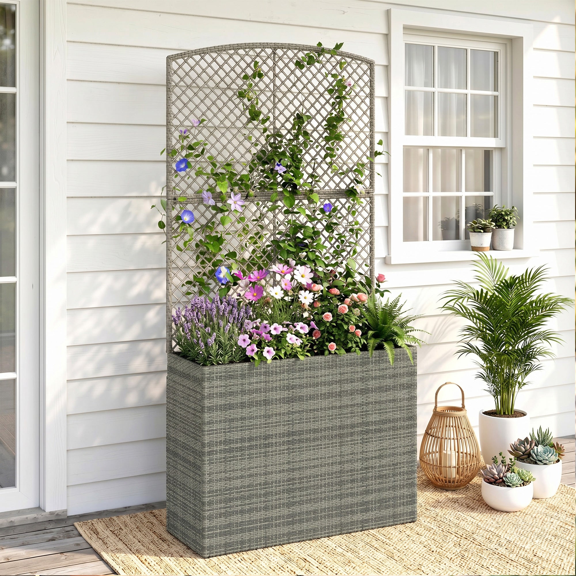 Rattan Outdoor Garden Planter With Trellis 80cm Wide - Velmora