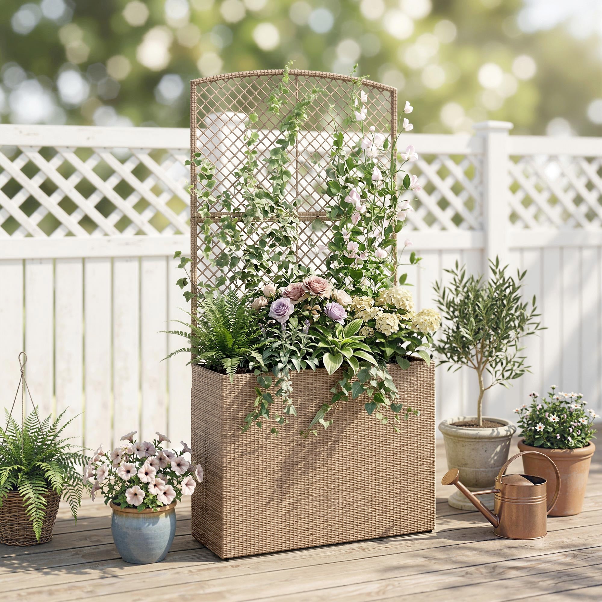 Rattan Outdoor Garden Planter With Trellis 80cm Wide - Velmora