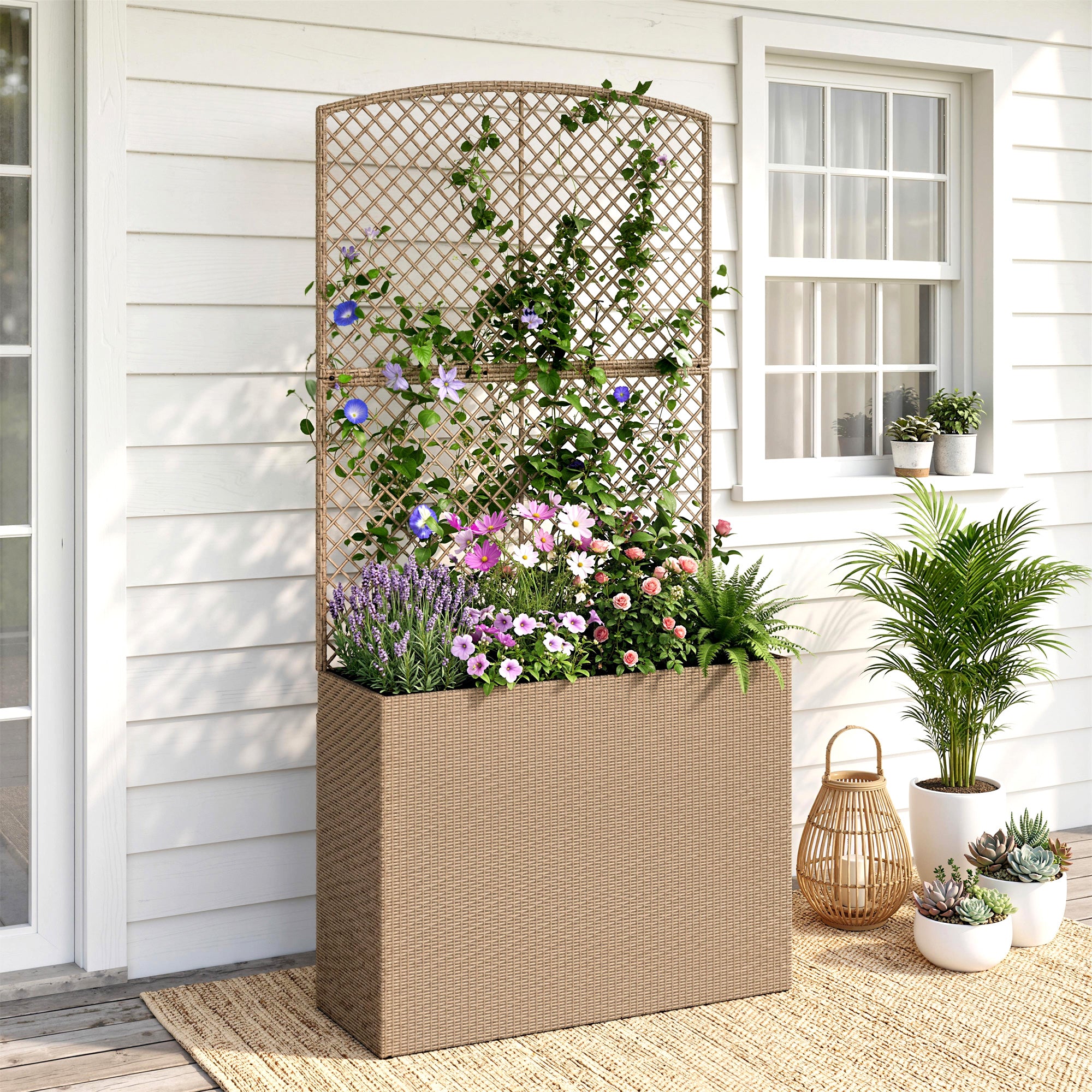 Rattan Outdoor Garden Planter With Trellis 80cm Wide - Velmora