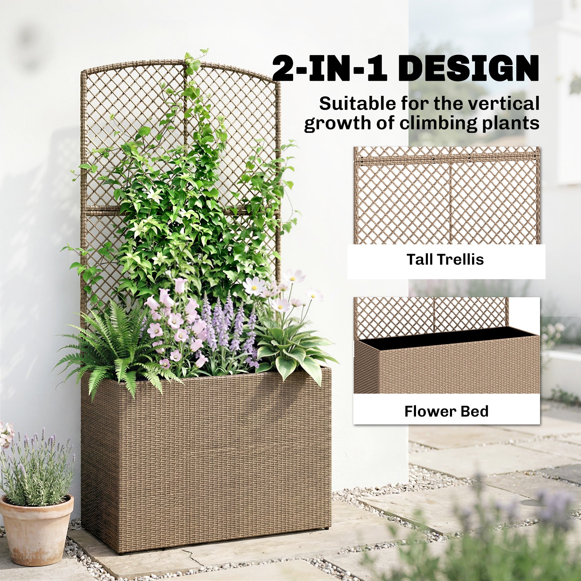 Rattan Outdoor Garden Planter With Trellis 80cm Wide - Velmora