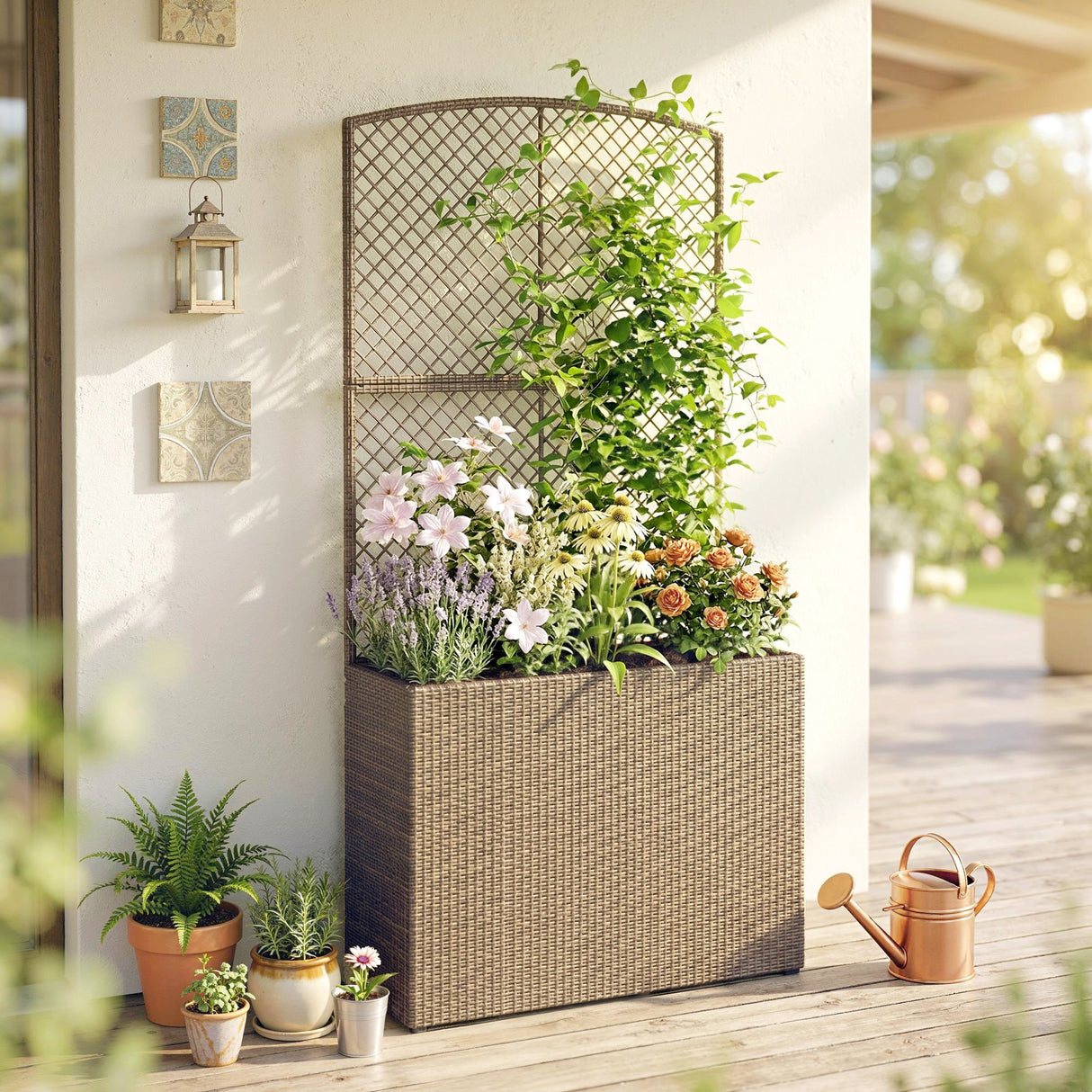 Rattan Outdoor Garden Planter With Trellis 80cm Wide - Velmora