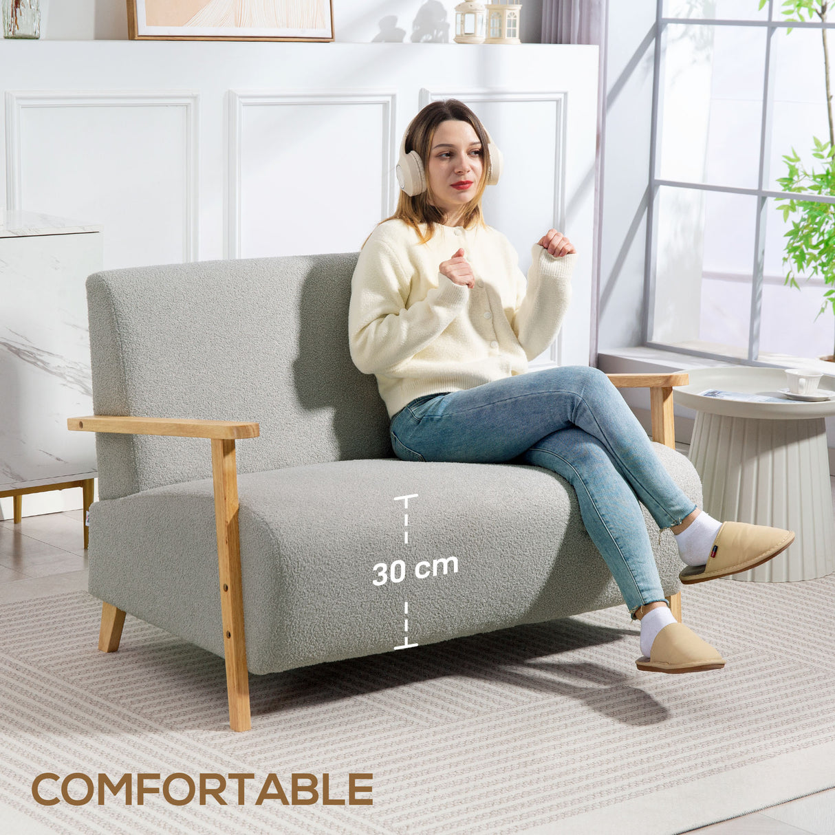 Sherpa Fabric 2 Seater Sofa 118cm Wide With Rubberwood Legs - Velmora