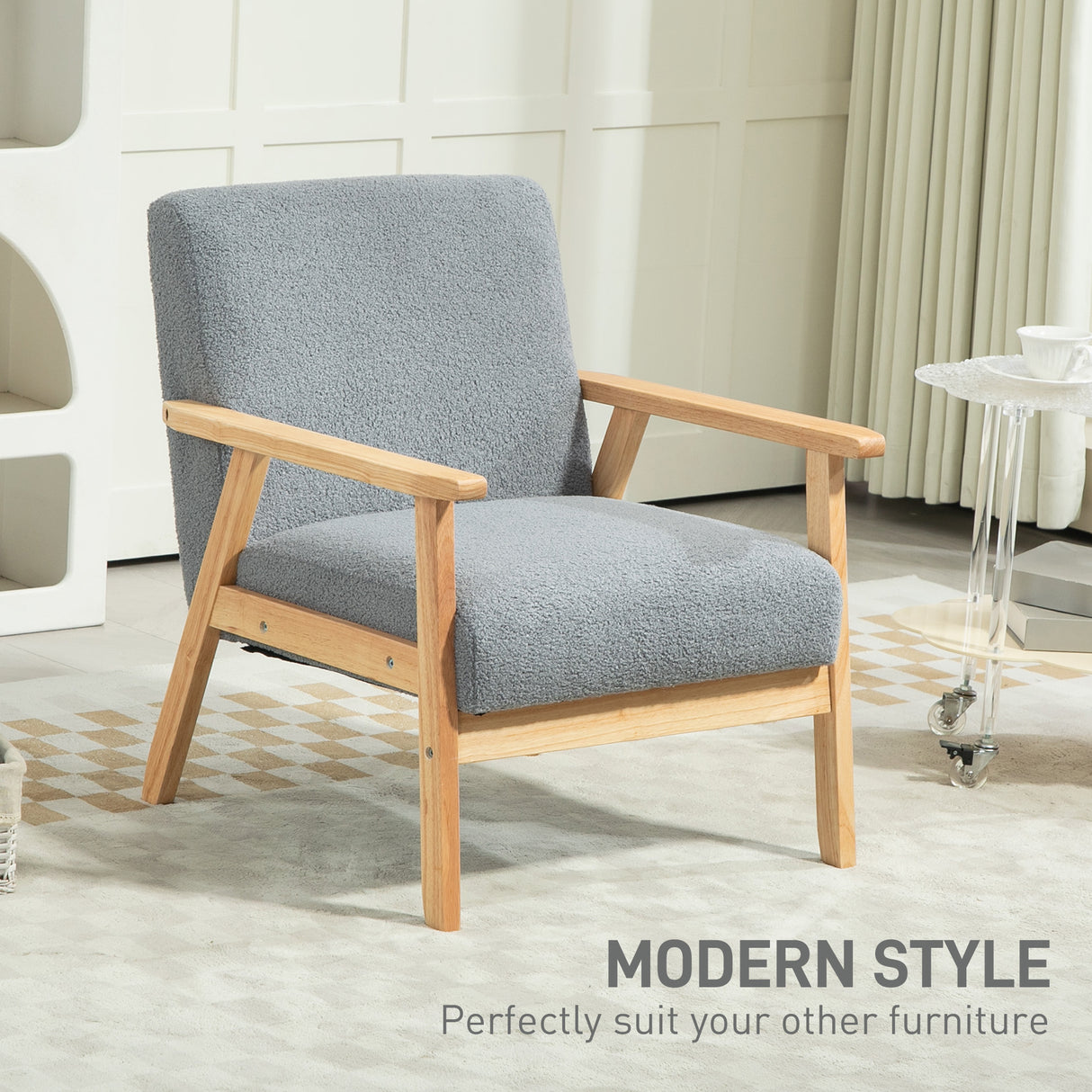 Sherpa Fleece Fabric Accent Chair 64cm Wide With Wooden Frame - Velmora