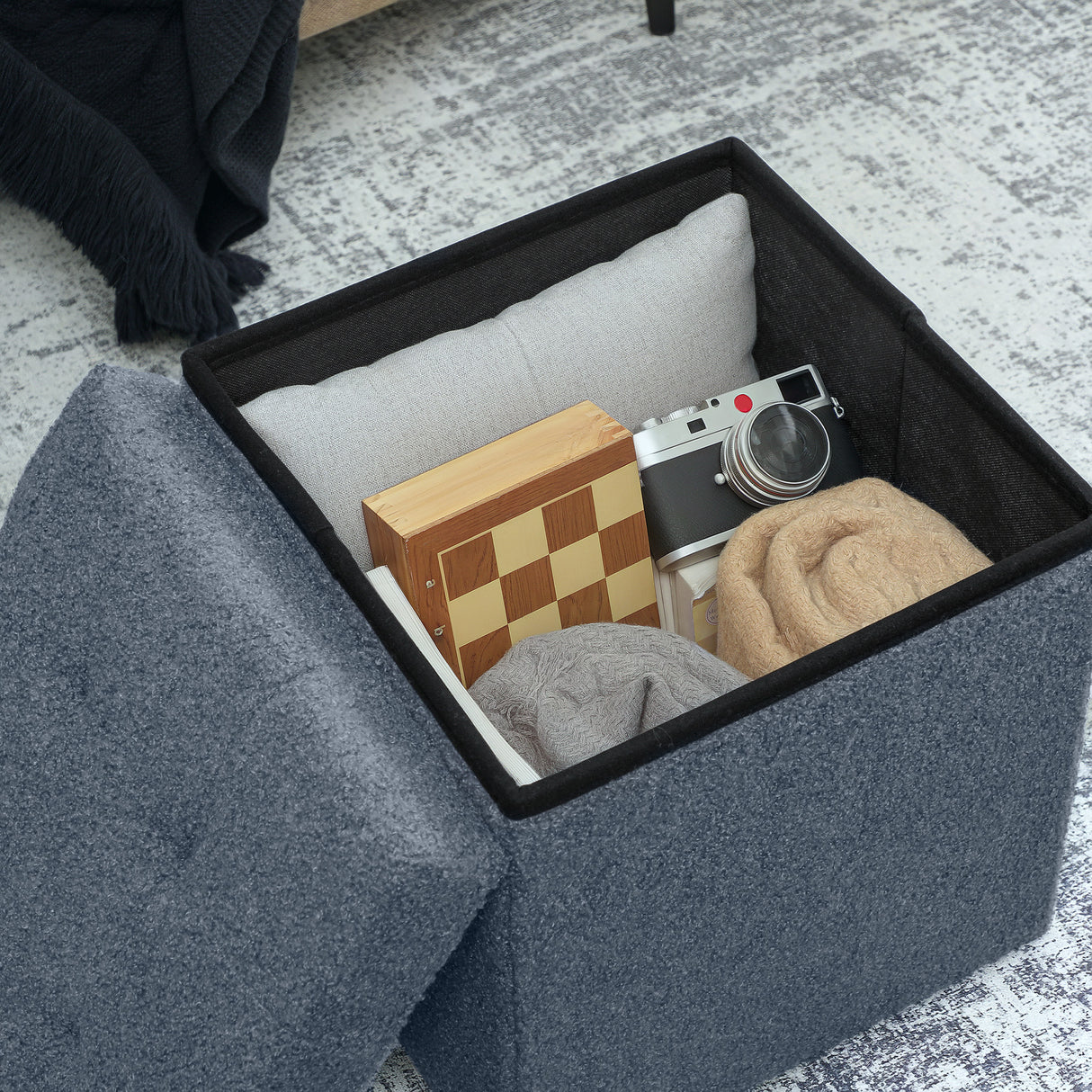 Sherpa Fleece Fabric Storage Ottoman 38cm Wide Square - Velmora