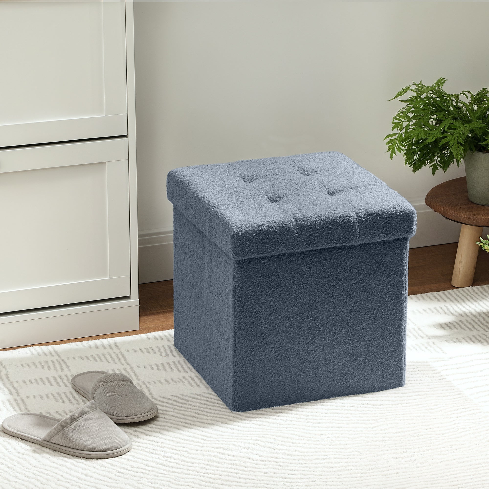 Sherpa Fleece Fabric Storage Ottoman 38cm Wide Square - Velmora