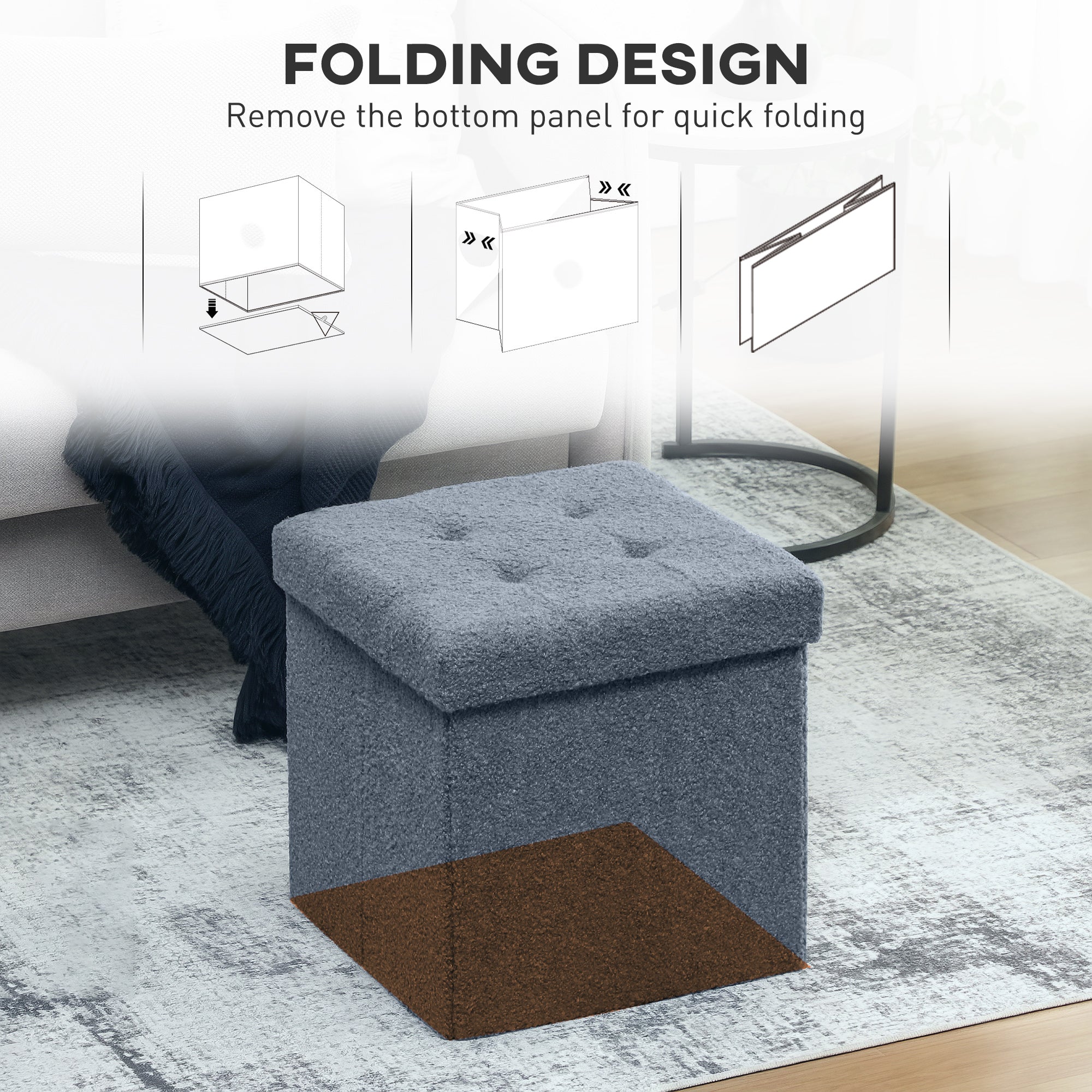 Sherpa Fleece Fabric Storage Ottoman 38cm Wide Square - Velmora