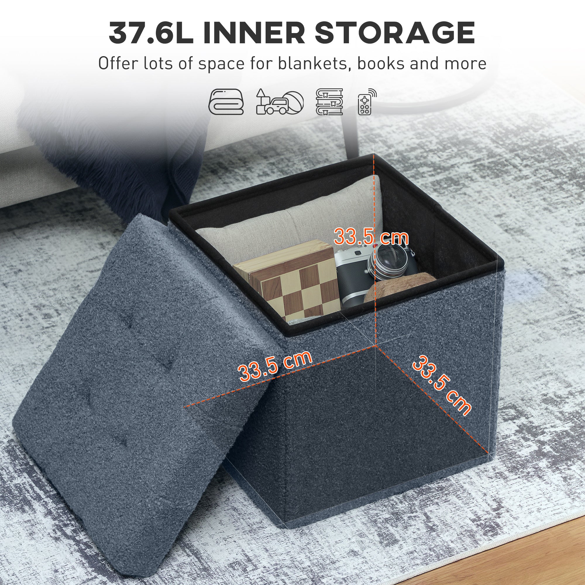 Sherpa Fleece Fabric Storage Ottoman 38cm Wide Square - Velmora