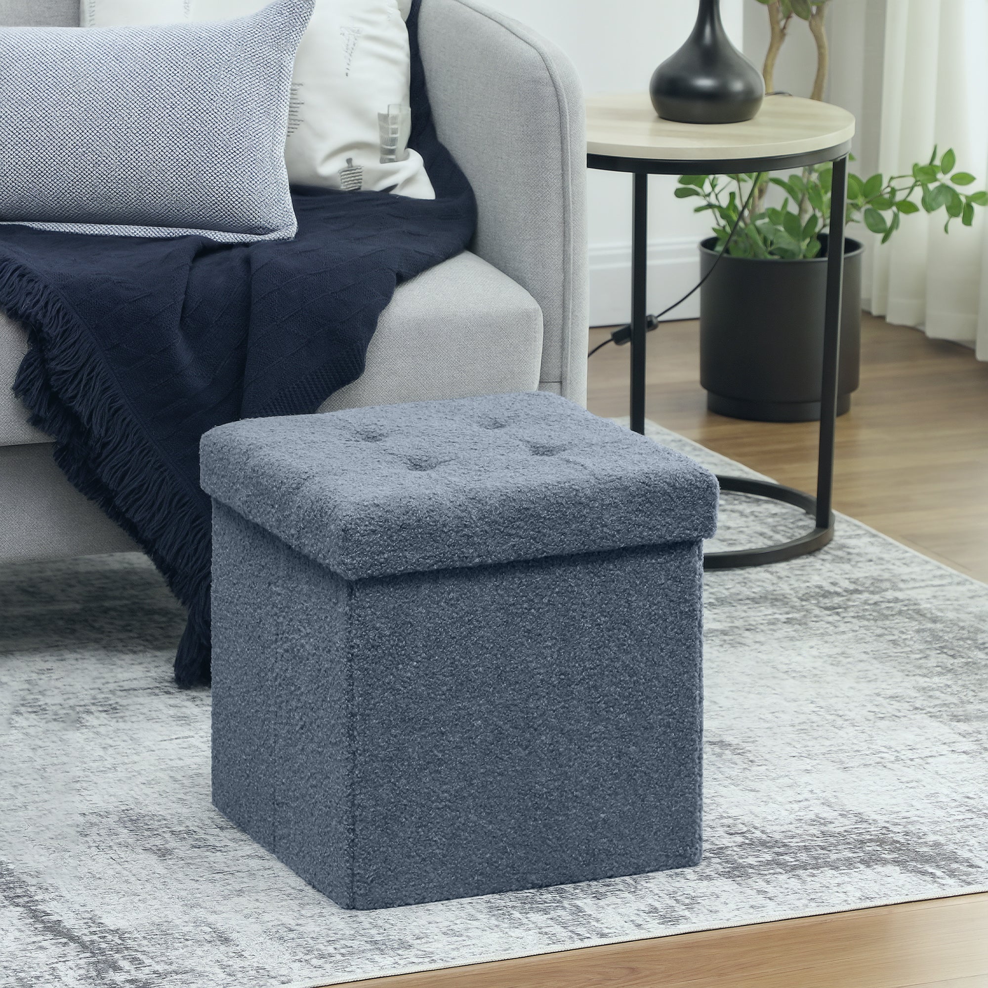 Sherpa Fleece Fabric Storage Ottoman 38cm Wide Square - Velmora