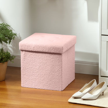 Sherpa Fleece Fabric Storage Ottoman 38cm Wide Square - Velmora