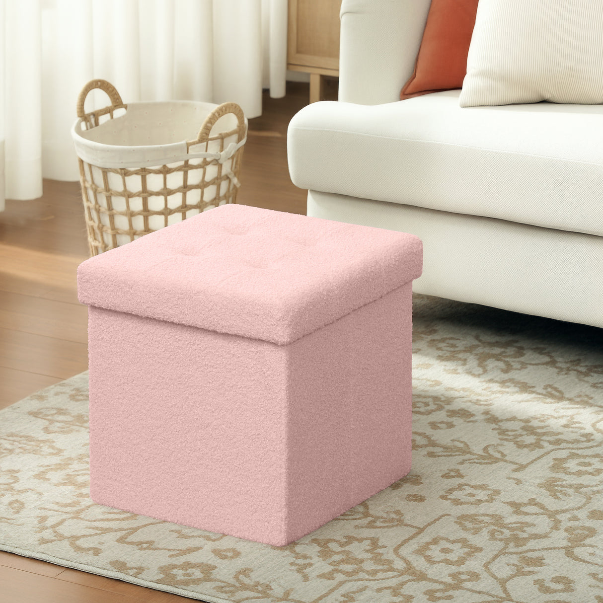 Sherpa Fleece Fabric Storage Ottoman 38cm Wide Square - Velmora