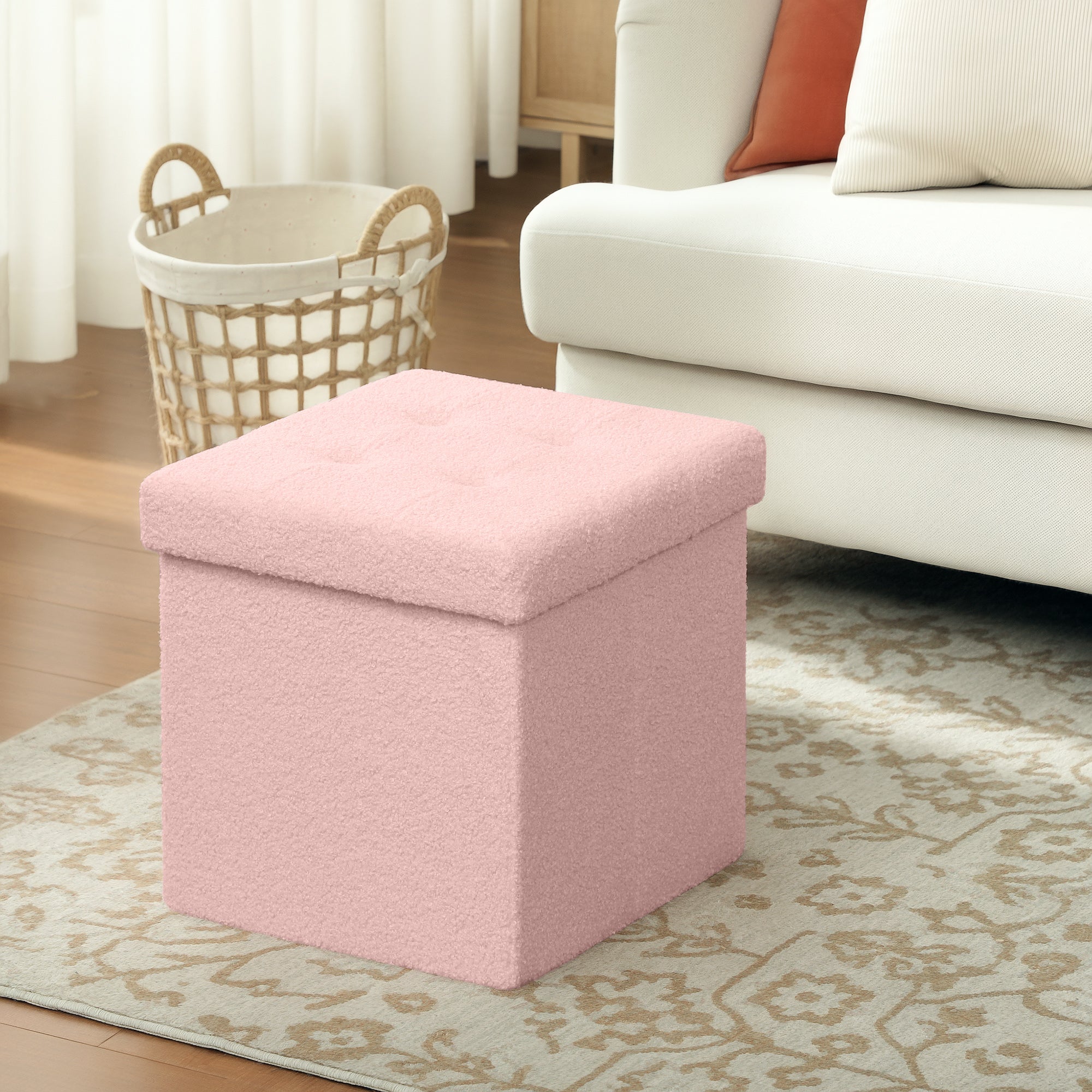 Sherpa Fleece Fabric Storage Ottoman 38cm Wide Square - Velmora
