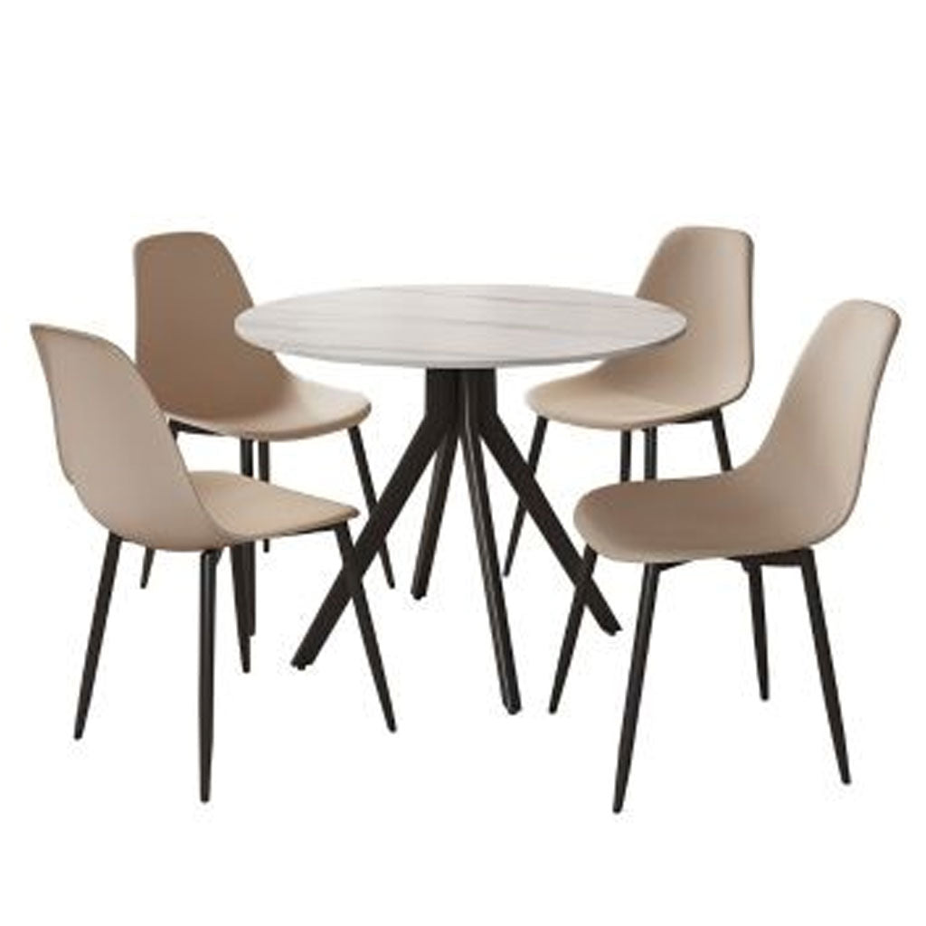 Sintered Stone Dining Table in High Gloss White Round With 4 Curve Chairs - Aspen