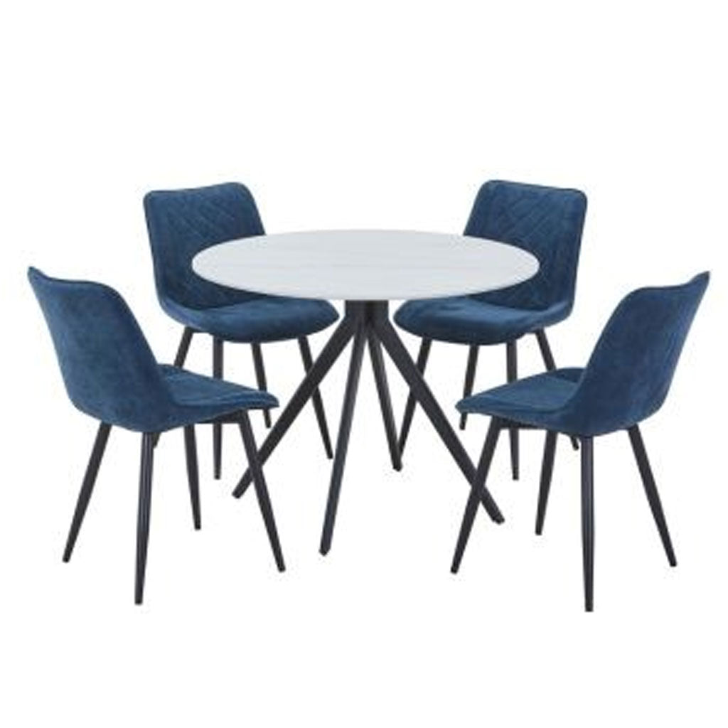 Sintered Stone Dining Table in High Gloss White Round With 4 Diamond Stitch Chairs - Aspen