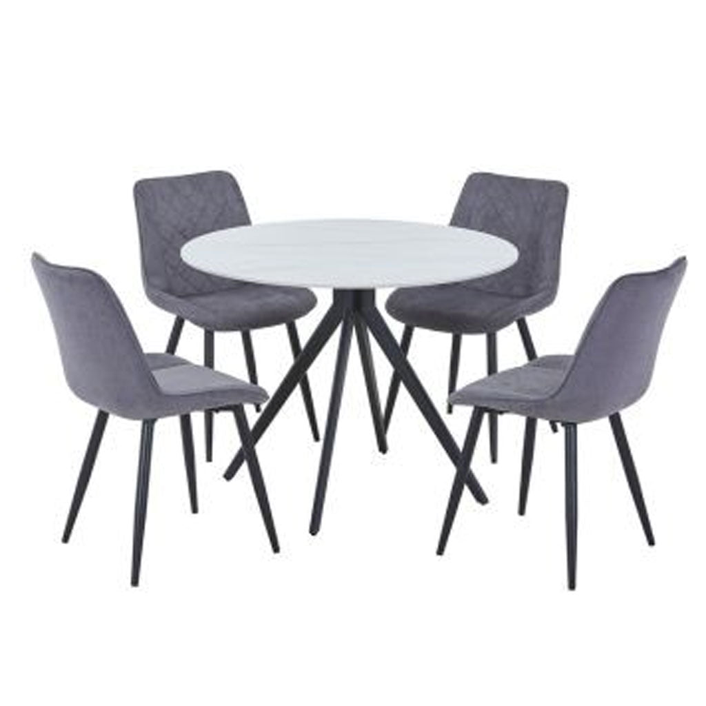 Sintered Stone Dining Table in High Gloss White Round With 4 Diamond Stitch Chairs - Aspen