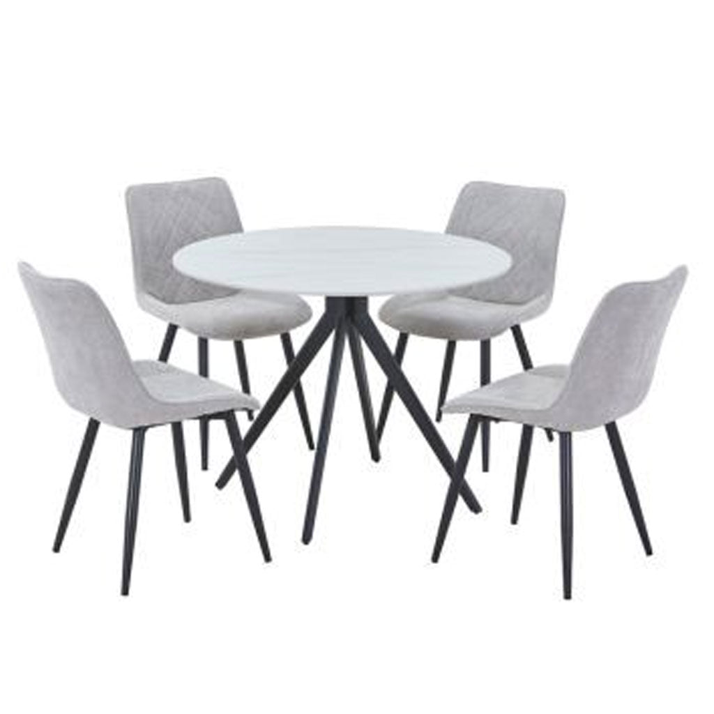 Sintered Stone Dining Table in High Gloss White Round With 4 Diamond Stitch Chairs - Aspen