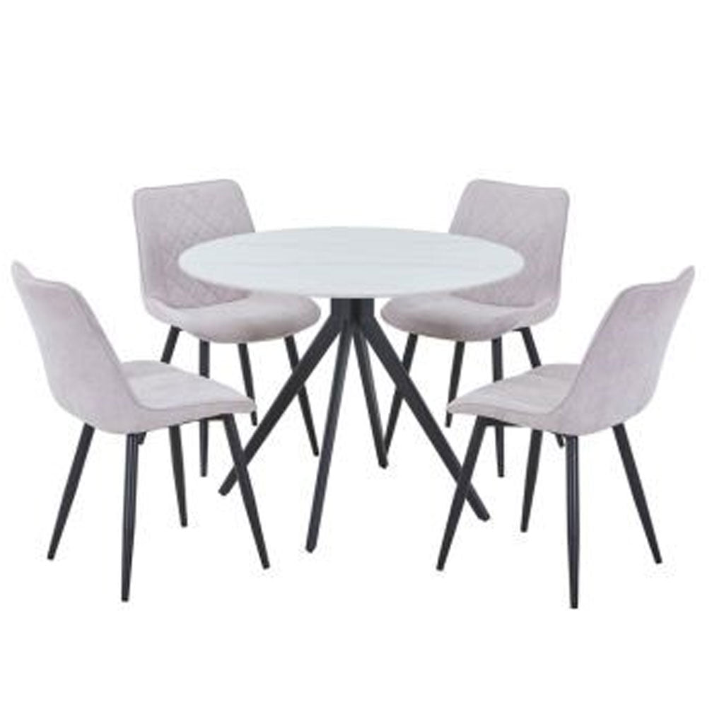 Sintered Stone Dining Table in High Gloss White Round With 4 Diamond Stitch Chairs - Aspen