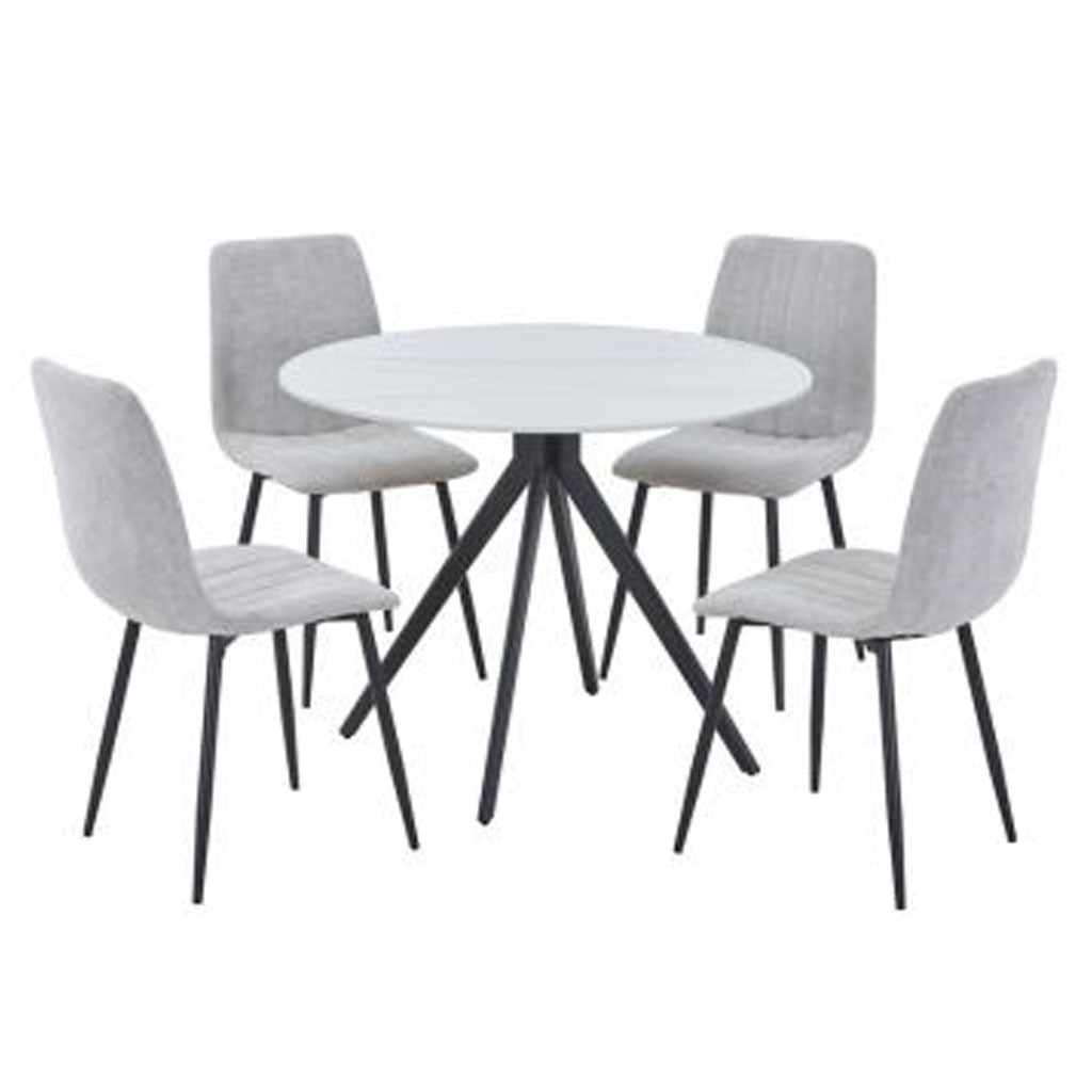 Sintered Stone Dining Table in High Gloss White Round With 4 Straight Stitch Chairs - Aspen