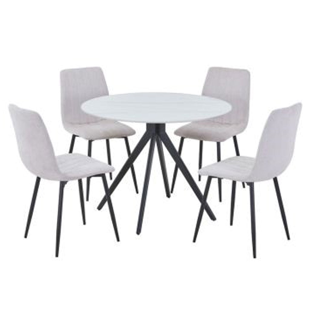 Sintered Stone Dining Table in High Gloss White Round With 4 Straight Stitch Chairs - Aspen