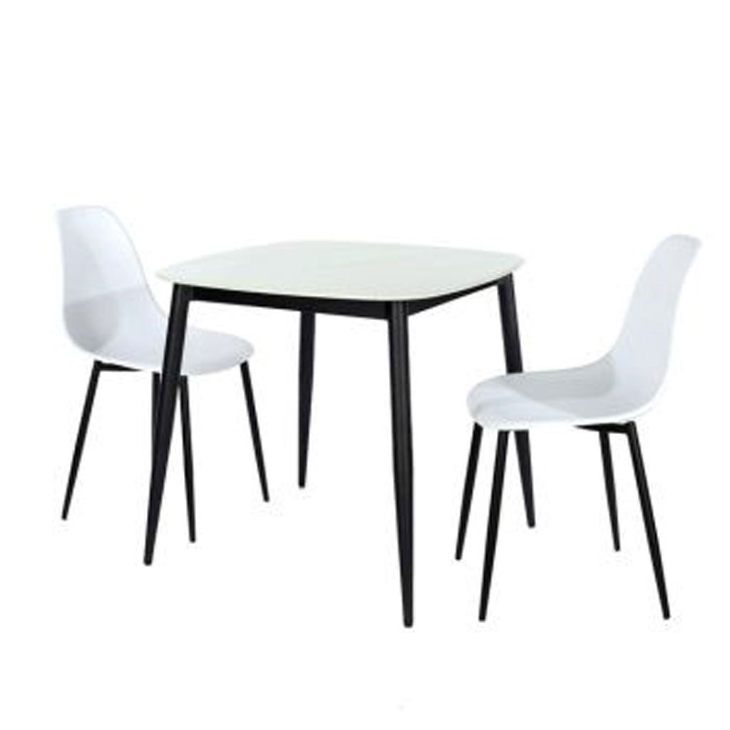 Sintered Stone Dining Table in High Gloss White Square With 2 Curve Chairs - Aspen
