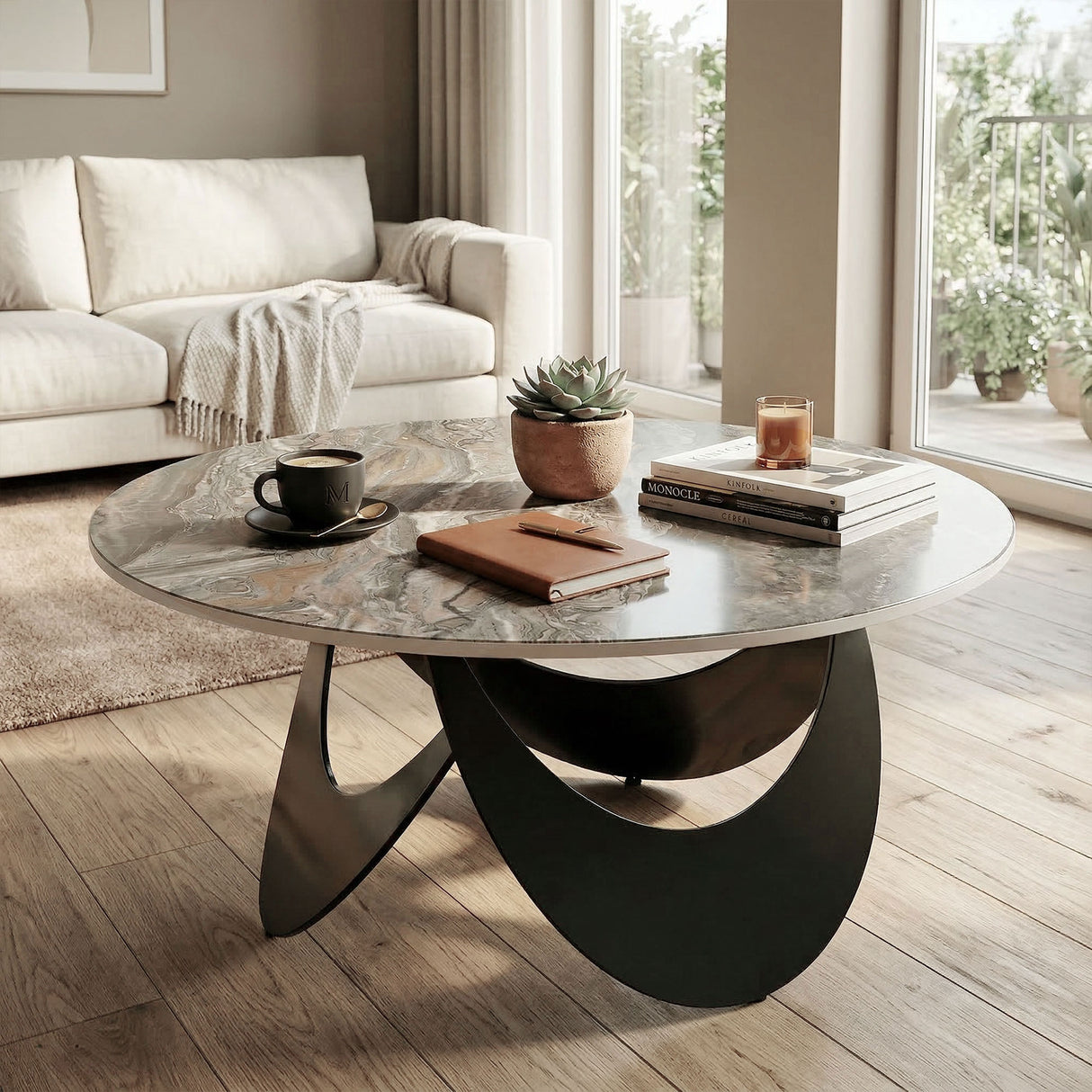 Sintered Stone Top Coffee Table Round With Adjustable Foot Pads - Velmora