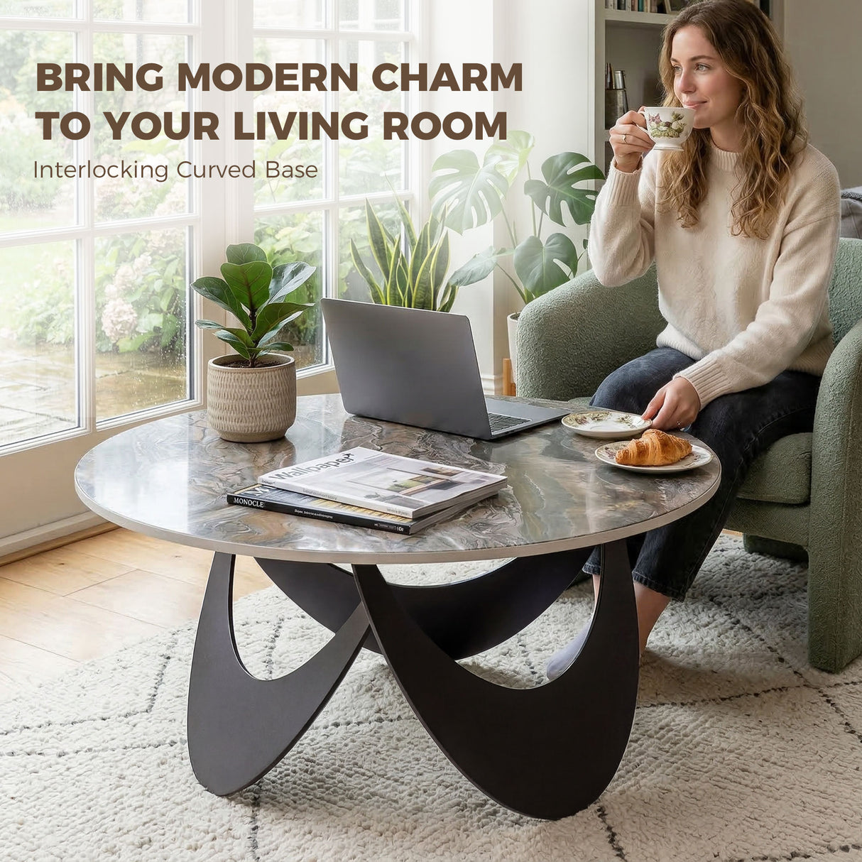 Sintered Stone Top Coffee Table Round With Adjustable Foot Pads - Velmora