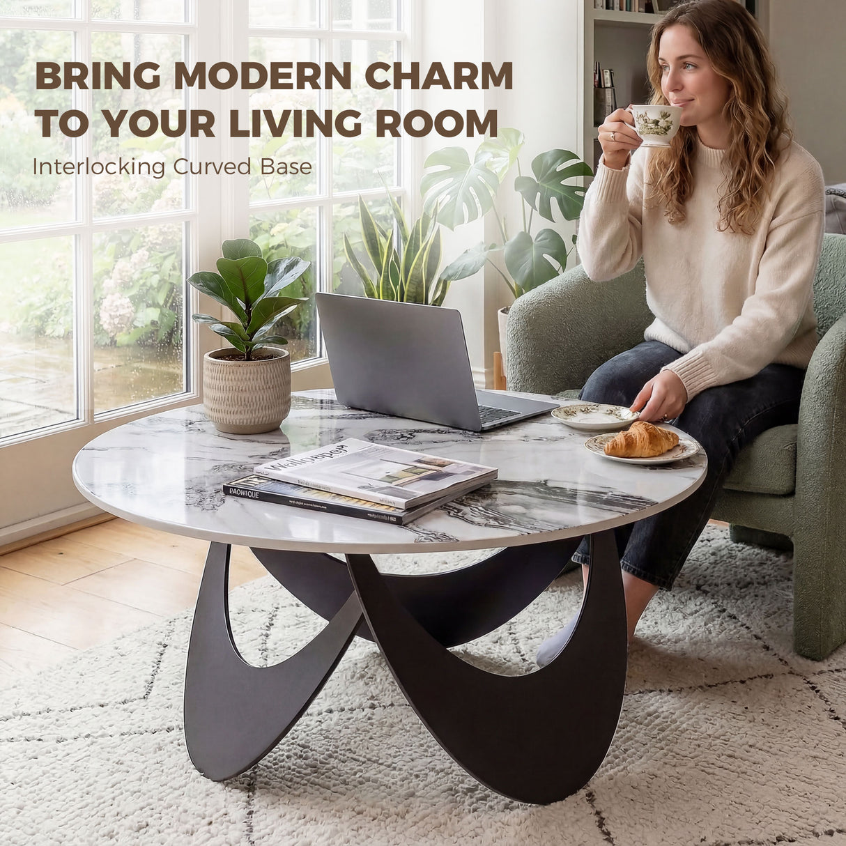 Sintered Stone Top Coffee Table Round With Adjustable Foot Pads - Velmora