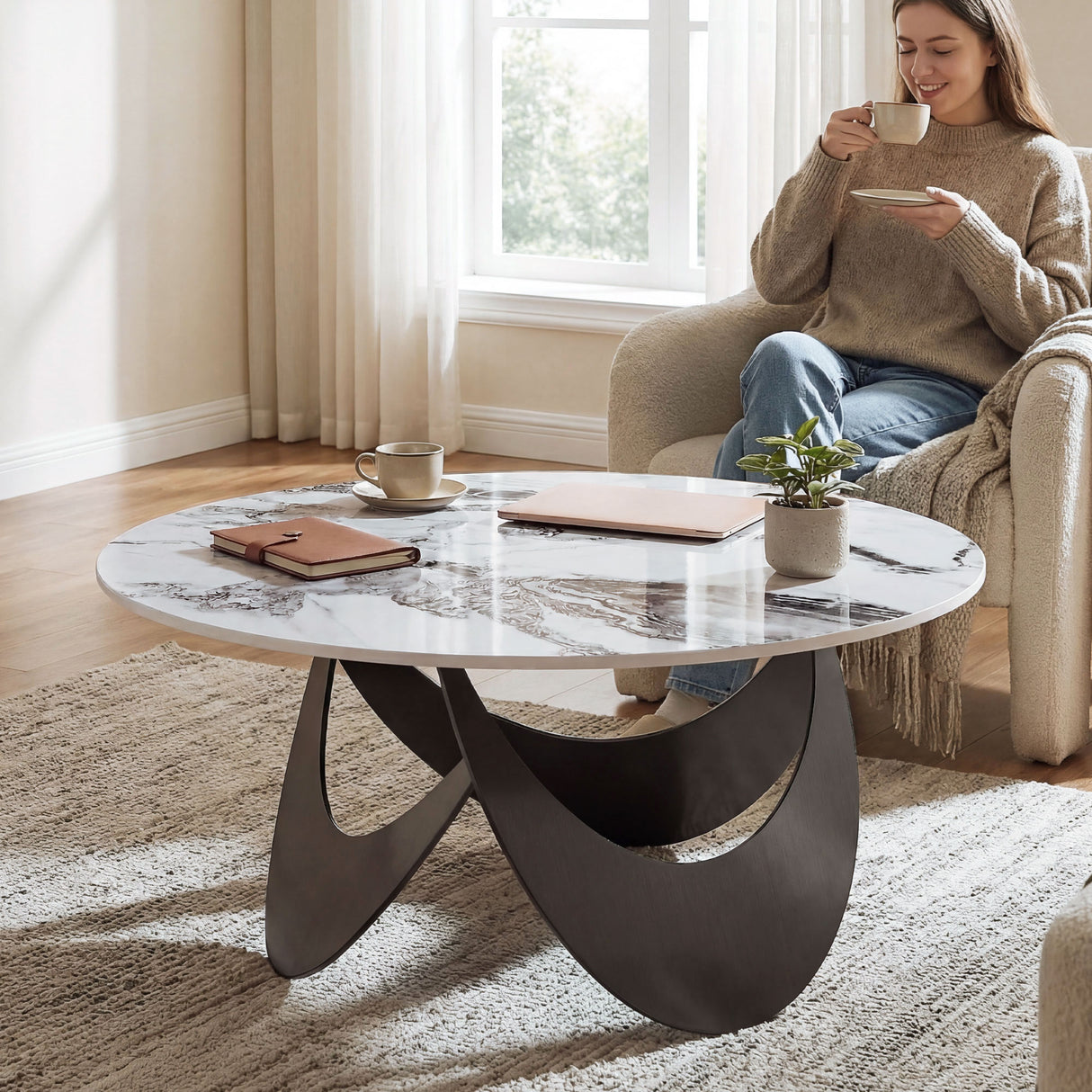 Sintered Stone Top Coffee Table Round With Adjustable Foot Pads - Velmora