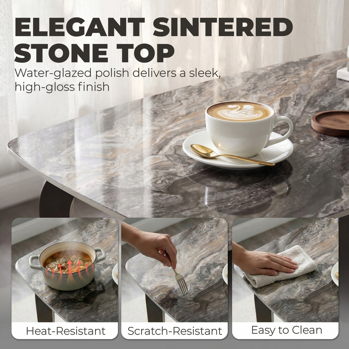 Sintered Stone Top Modern Kitchen Dining Table Rectangular for 4 People - Velmora