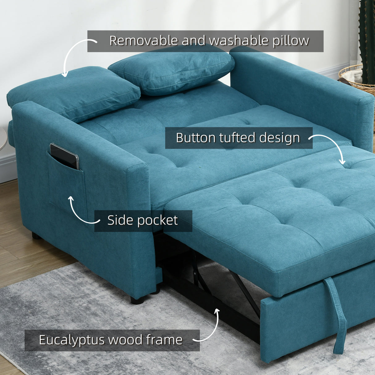 Snow Flannel Fabric 2 Seater Sofa Bed 120cm Wide With 2 Pillows - Velmora