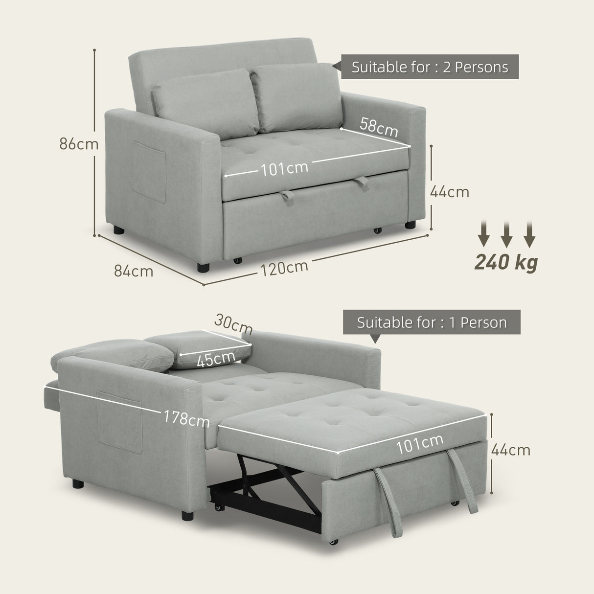 Snow Flannel Fabric 2 Seater Sofa Bed 120cm Wide With 2 Pillows - Velmora
